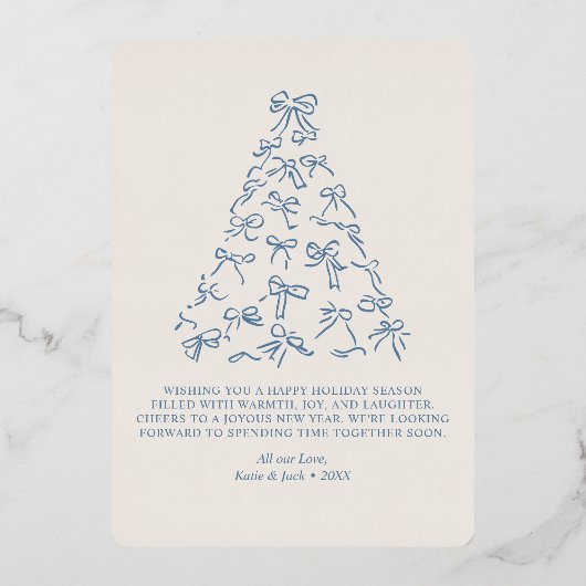 First Christmas Married Blue Bow Wedding Photo 箔シーズンカード (裏面)