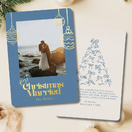 First Christmas Married Blue Bow Wedding Photo 箔シーズンカード