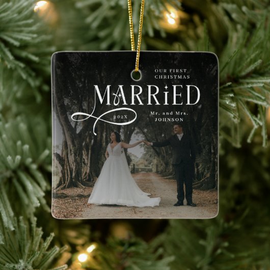 First Christmas Married Mr & Mrs Couples Photo  セラミックオーナメント (ツリー)