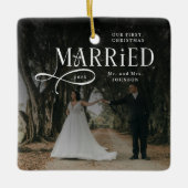 First Christmas Married Mr & Mrs Couples Photo  セラミックオーナメント (正面)