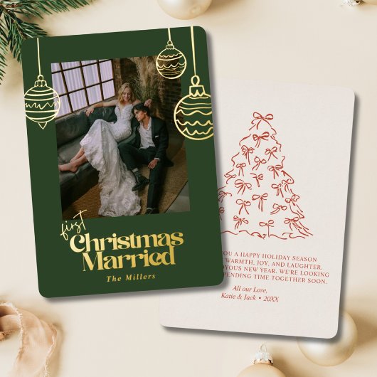First Christmas Married Wedding Photo Green & Red 箔シーズンカード