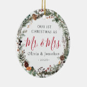 First Christmas Mr. & Mrs. Greenery Wreath Photo セラミックオーナメント (右)