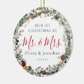 First Christmas Mr. & Mrs. Greenery Wreath Photo セラミックオーナメント (左)