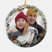 First Christmas Mr. & Mrs. Greenery Wreath Photo セラミックオーナメント (裏面)