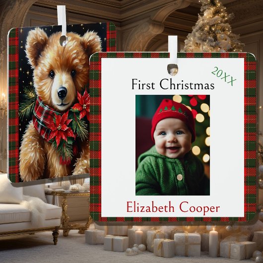 First Christmas Name Year Teddy Bear メタルオーナメント