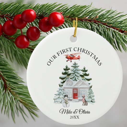 First Christmas New Home Airplane House Dog Custom セラミックオーナメント