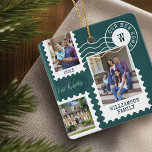 First Christmas New Home Fun Postage Stamp Photos セラミックオーナメント<br><div class="desc">Fun and memorable "First Christmas in Our New Home" keepsake ornament. Design features our fun postage stamps photo collage design. Collage with 3 photos to display your special photos of your family and new home. Customizable text with family signature, year, address, and monogram. This ornament would make a great gift...</div>