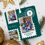 First Christmas New Home Fun Postage Stamp Photos  メタルオーナメント<br><div class="desc">Fun and memorable "First Christmas in Our New Home" keepsake metal ornament. Design features our fun postage stamps photo collage design. Collage with 3 photos to display your special photos of your family and new home. Customizable text with family signature, year, address, and monogram. This ornament would make a great...</div>
