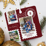 First Christmas New Home Fun Postage Stamp Photos  メタルオーナメント<br><div class="desc">Fun and memorable "First Christmas in Our New Home" keepsake metal ornament. Design features our fun postage stamps photo collage design. Collage with 3 photos to display your special photos of your family and new home. Customizable text with family signature, year, address, and monogram. This ornament would make a great...</div>