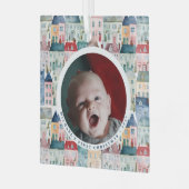 First Christmas Photo Blue Festive Houses Holiday  ガラスオーナメント (正面左)