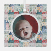 First Christmas Photo Blue Festive Houses Holiday  ガラスオーナメント (正面)