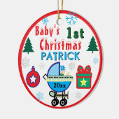 First Christmas PHOTO Boy Blue Name セラミックオーナメント (左)