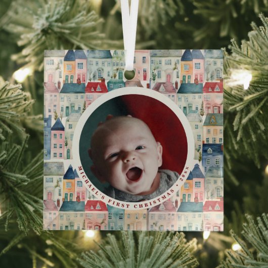 First Christmas Photo Red Festive Houses Holiday  ガラスオーナメント (インサイチュ)