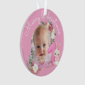 First Christmas Pink Baby Girl Photo floral オーナメント (正面)