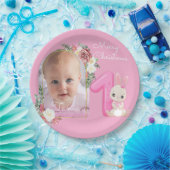 First Christmas Pink Baby Girl Photo floral ペーパープレート (パーティー)