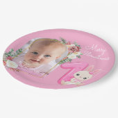 First Christmas Pink Baby Girl Photo floral ペーパープレート (アングル)