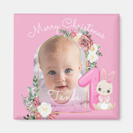 First Christmas Pink Baby Girl Photo floral マグネット