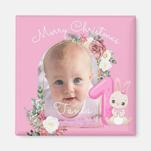 First Christmas Pink Baby Girl Photo floral マグネット (正面)