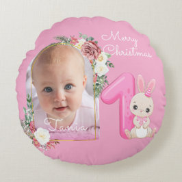 First Christmas Pink Baby Girl Photo floral ラウンドクッション
