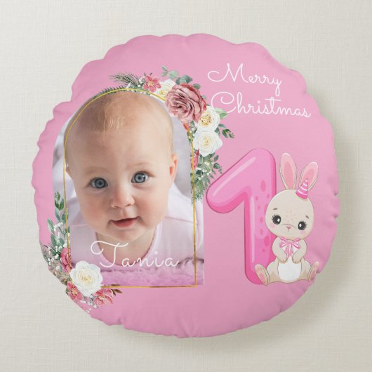 First Christmas Pink Baby Girl Photo floral ラウンドクッション (正面)