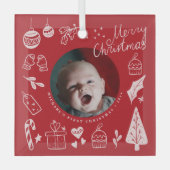 First Christmas Red Cute Hand Drawn Doodles ガラスオーナメント (正面)