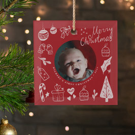 First Christmas Red Cute Hand Drawn Doodles ガラスオーナメント