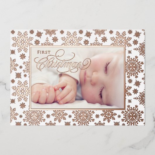 First Christmas Snowflake Frame Rose Gold 箔シーズンカード (正面)