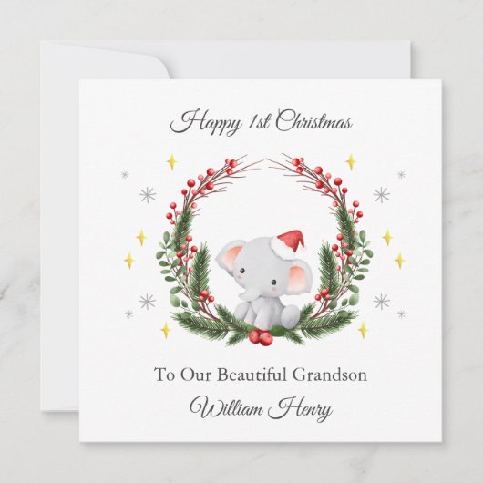 First Christmas Wreath Elephant Christmas Card シーズンカード (正面)