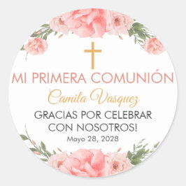 First Communionかわいいスペインのピンクの花 ラウンドシール
