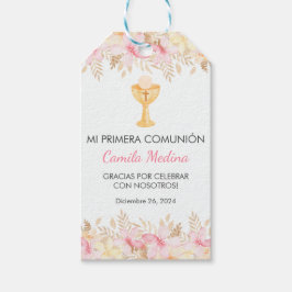 First Communionの水彩ピンクスペインの色の花 ギフトタグ
