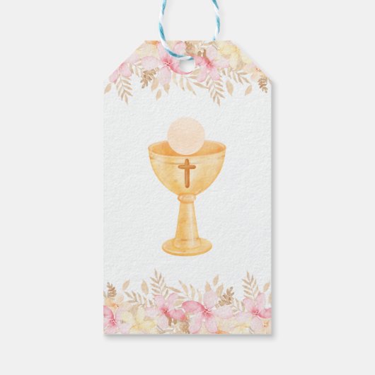 First Communionの水彩ピンクスペインの色の花 ギフトタグ (裏面)