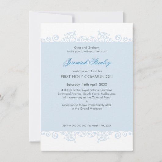 FIRST COMMUNIONエレガントモダンは渦巻き青 招待状 (裏面)