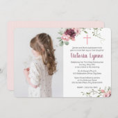 First Communionソフトピンクフローラと写真 招待状 (正面/裏面)