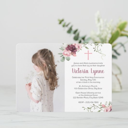 First Communionソフトピンクフローラと写真 招待状 (スタンド正面)