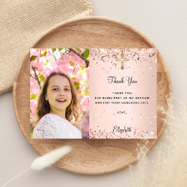 First Communionバラ金ゴールド写真サンキューカード 招待状