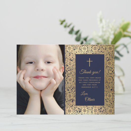 First Communionヴィンテージブルー金ゴールドフローラ写真 サンキューカード (スタンド正面)