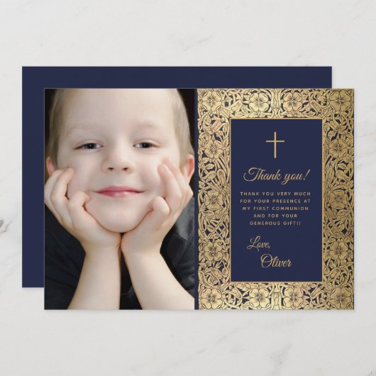 First Communionヴィンテージブルー金ゴールドフローラ写真 サンキューカード (正面/裏面)
