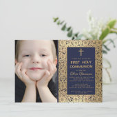 First Communionヴィンテージブルー金ゴールドフローラ写真 招待状 (スタンド正面)