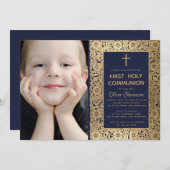 First Communionヴィンテージブルー金ゴールドフローラ写真 招待状 (正面/裏面)