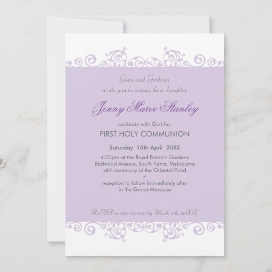 FIRST COMMUNION招待状は紫かわいらし色の紫をカール 招待状 (裏面)