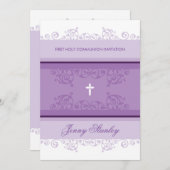 FIRST COMMUNION招待状は紫かわいらし色の紫をカール 招待状 (正面/裏面)