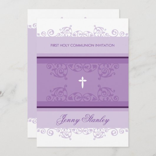 FIRST COMMUNION招待状は紫かわいらし色の紫をカール 招待状 (正面/裏面)