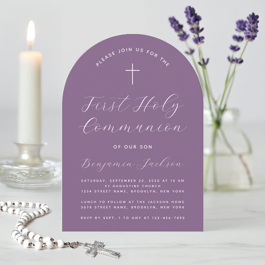 First Communion Arch Dusty Purple シンプルScript 招待状