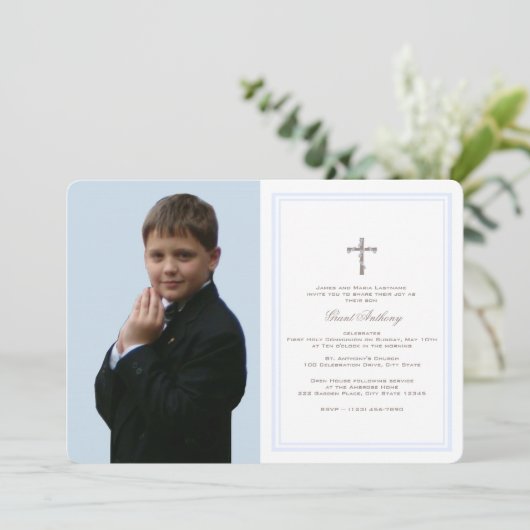 First Communion Baby Blueと写真 招待状 (スタンド正面)