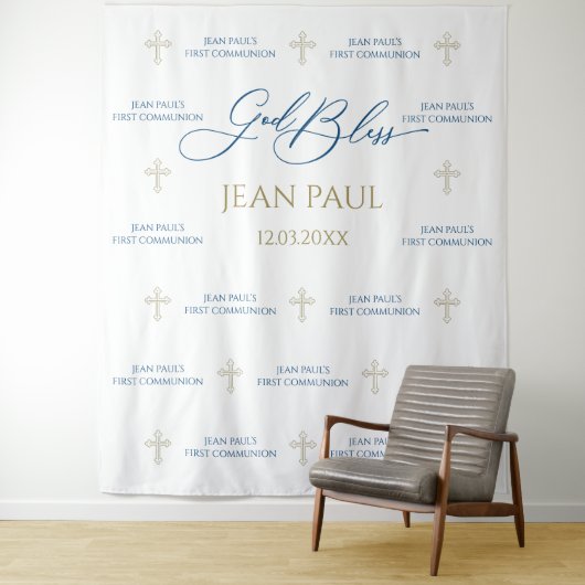 First Communion banner backdrop blue and gold タペストリー (インサイチュ)