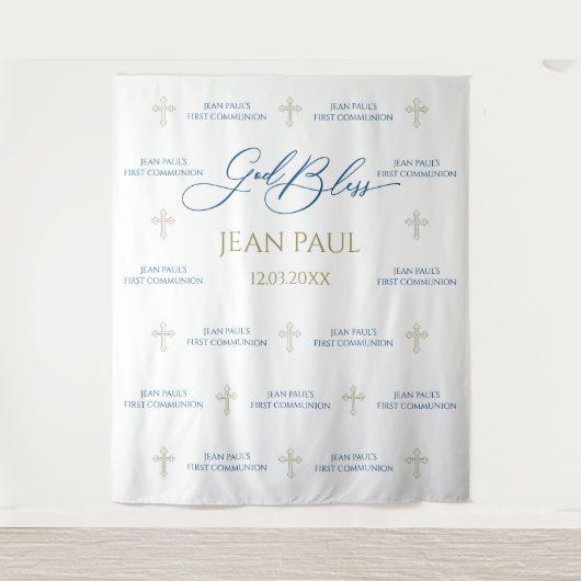 First Communion banner backdrop blue and gold タペストリー (正面)