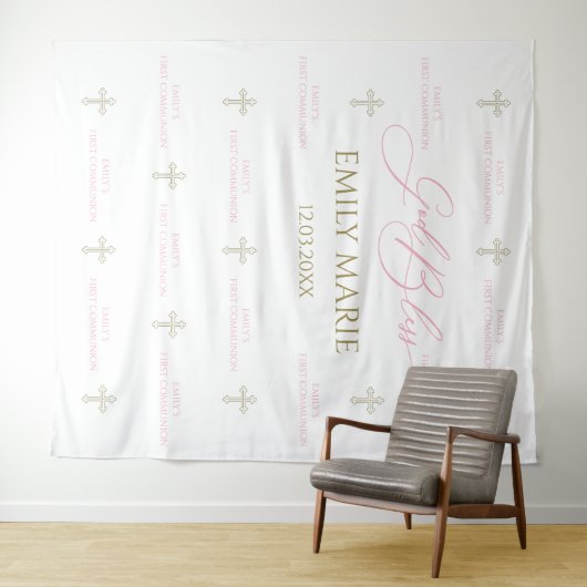 First Communion banner backdrop pink and gold タペストリー (インサイチュ(横))