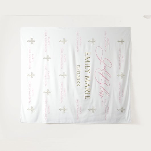 First Communion banner backdrop pink and gold タペストリー (正面(横))