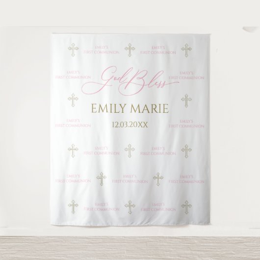 First Communion banner backdrop pink and gold タペストリー (正面)