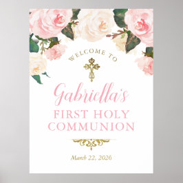 First Communion & Baptism, Pink Floral Gold ポスター
